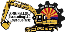 Logo for Longfellow Excavating LLC, featuring an excavator, Arizona flag design, and contact information.