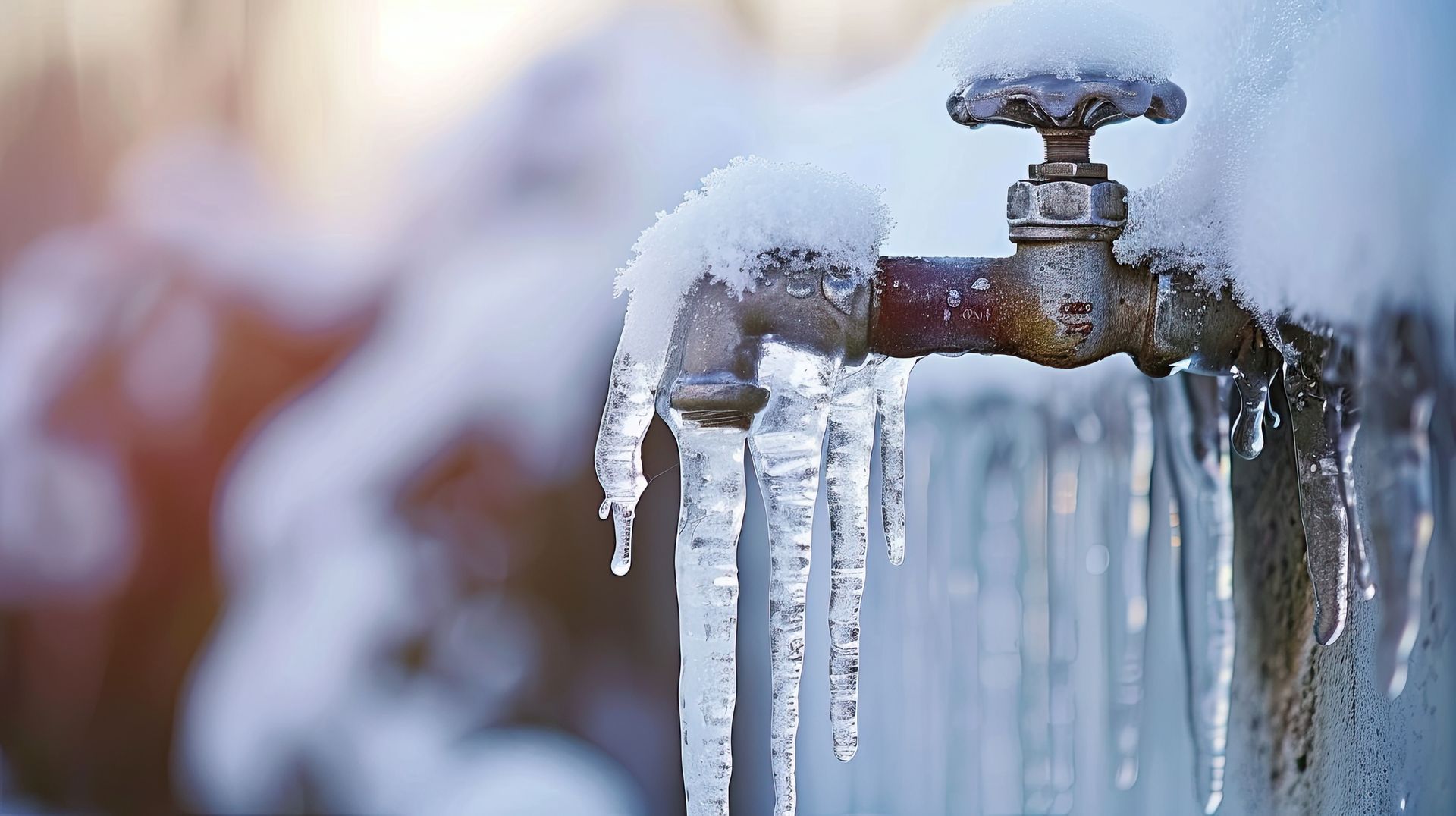 Frozen water pipe in winter close-up