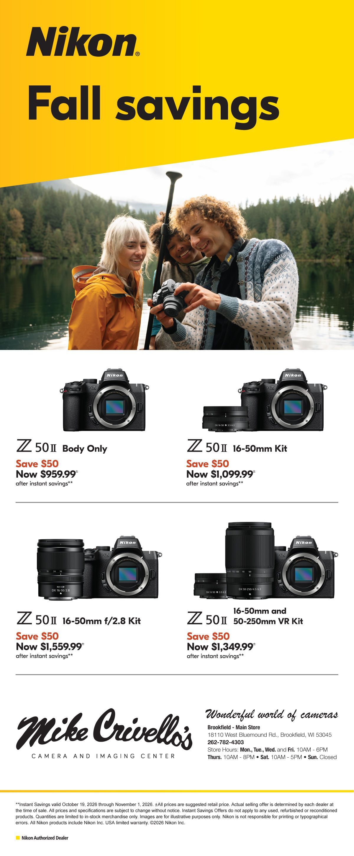 Nikon Fall savings ad with cameras and a couple taking a photo outdoors, featuring black and yellow branding.