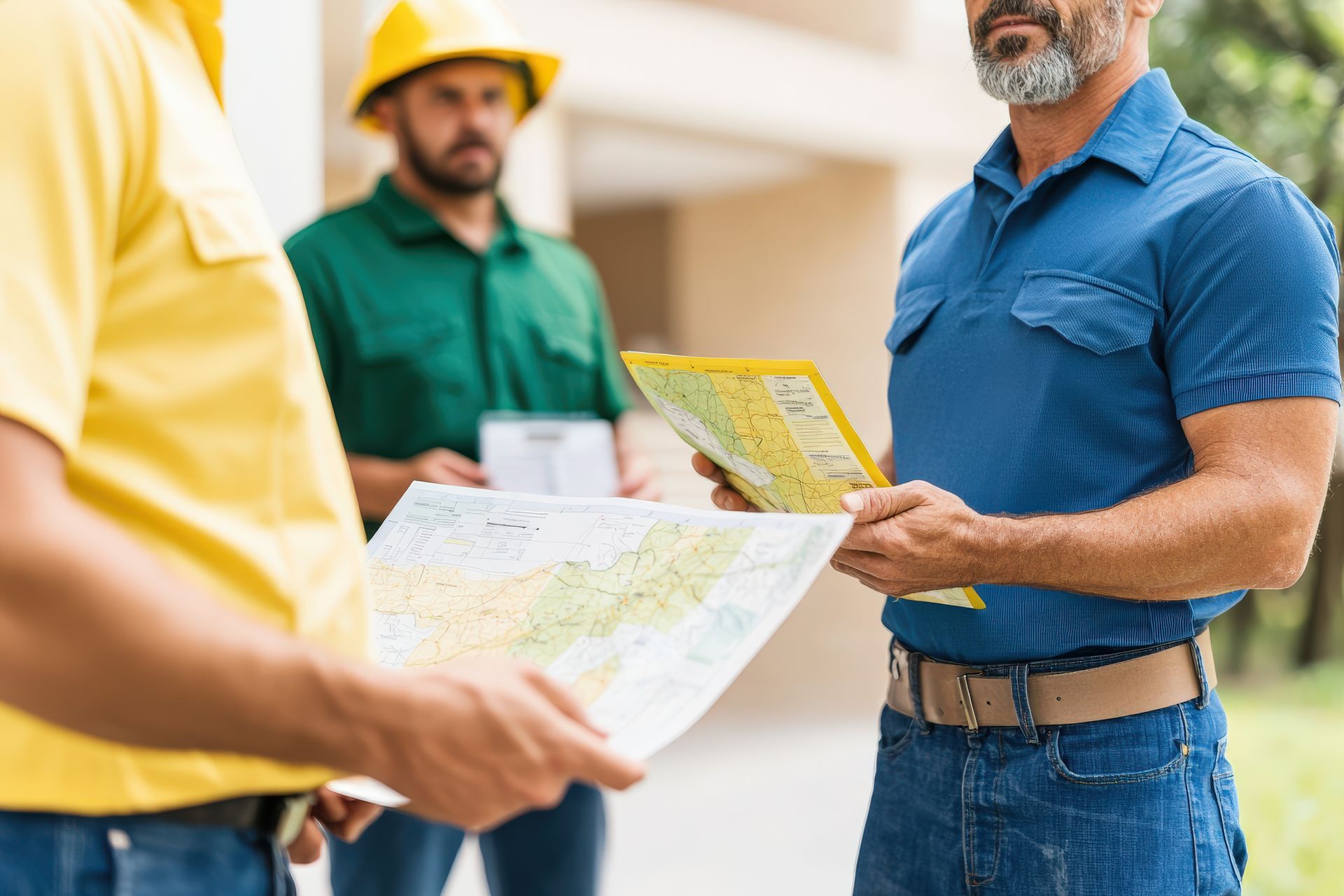 A group of construction workers are standing next to each other looking at a map.