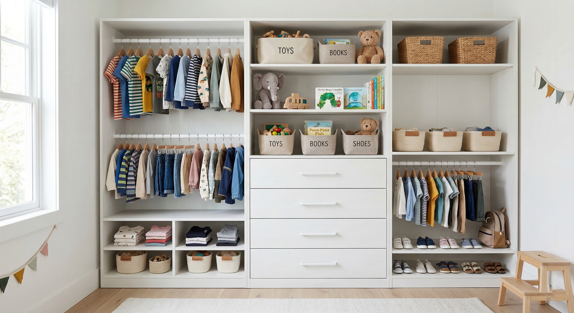 Walk-in closet with wooden shelves, clothes, luggage, and shoes.