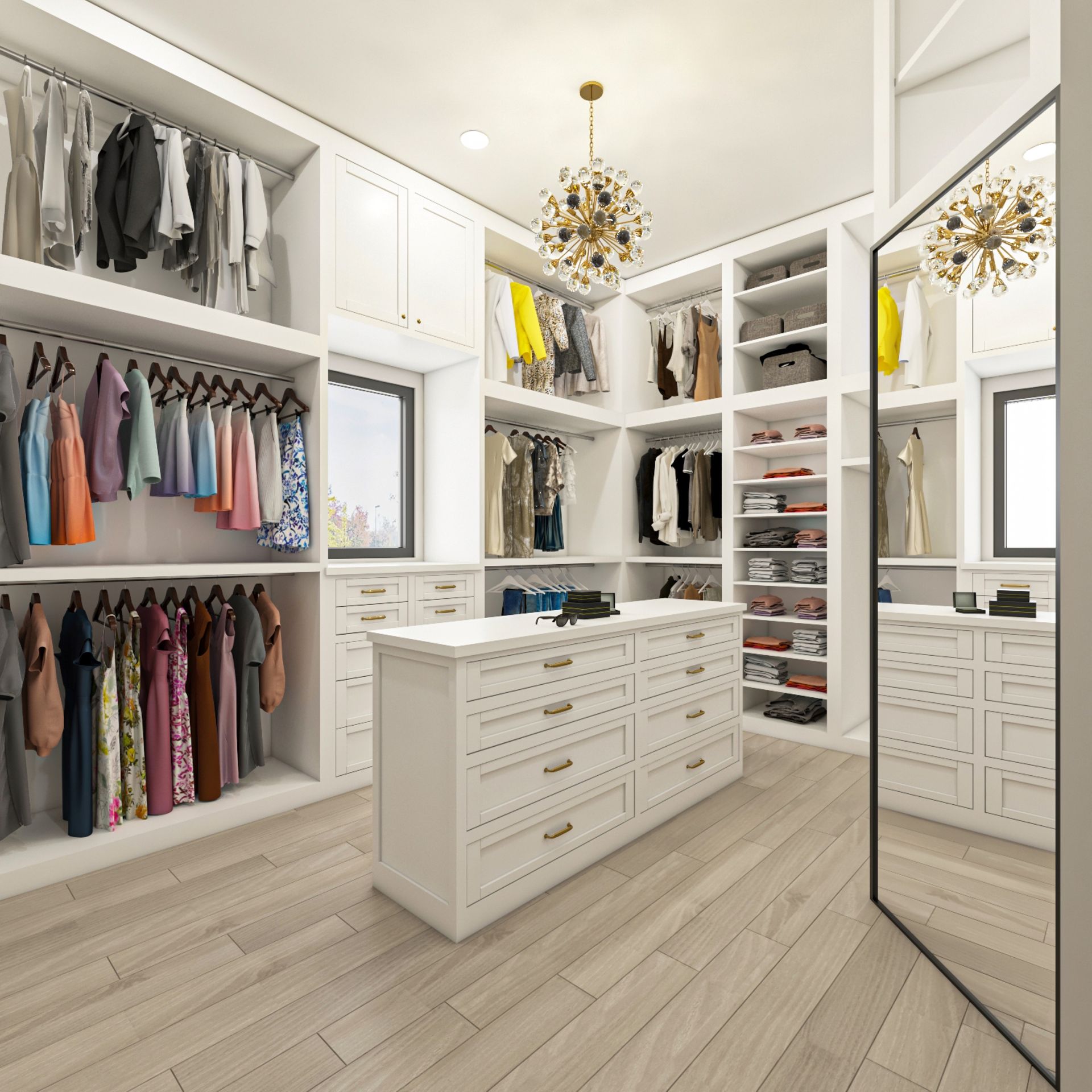 Spacious white walk-in closet with island, clothing racks, and full-length mirror. Wooden floor, two chandeliers.