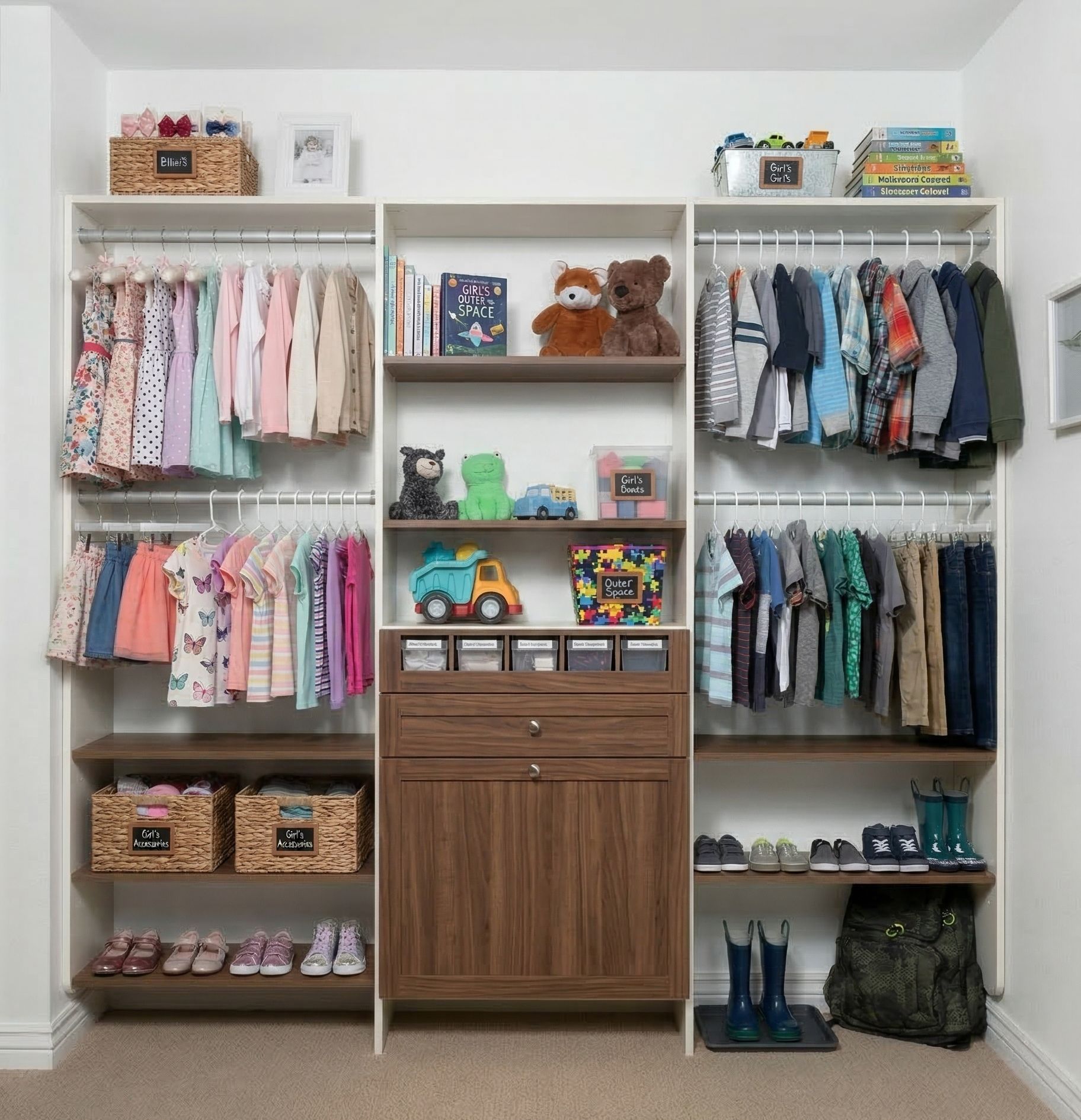 Modern laundry room with stacked washer/dryer, stainless steel cabinets, and blue accents.
