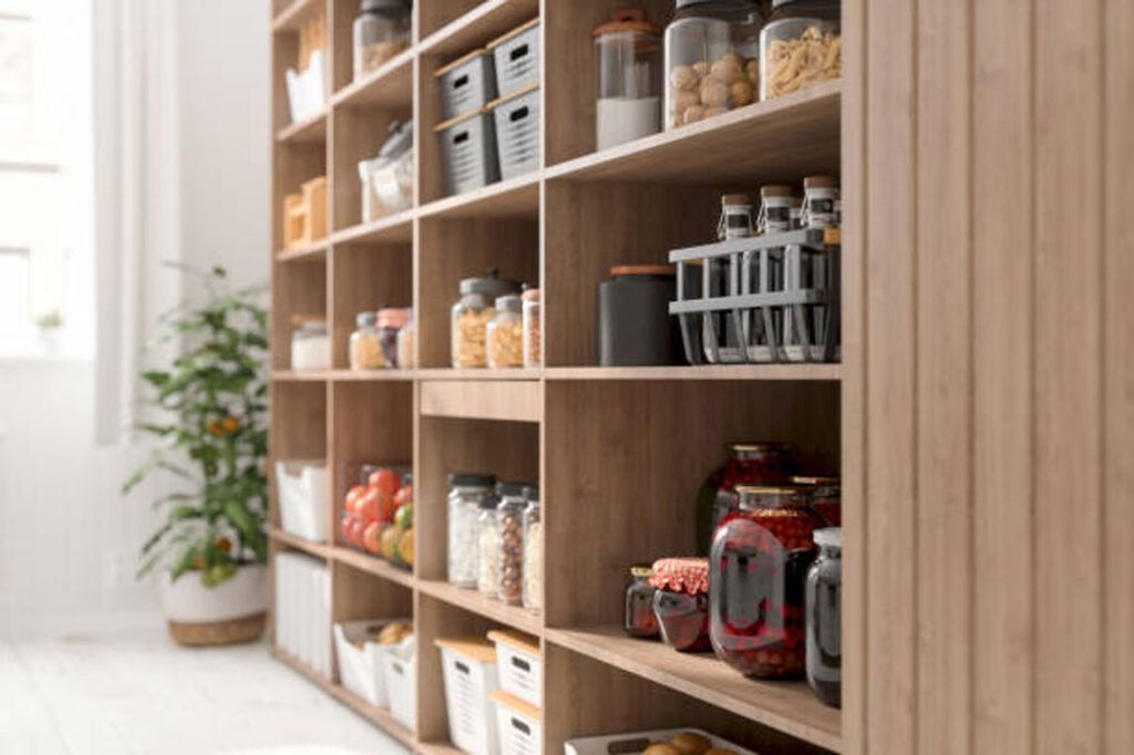 Wooden pantry shelving filled with glass jars, organized storage baskets, and produce, with a plant in the background.
