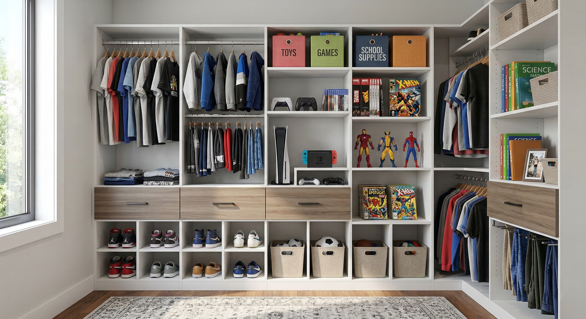 Garage interior with tools organized on pegboards, cabinets, and a workbench.