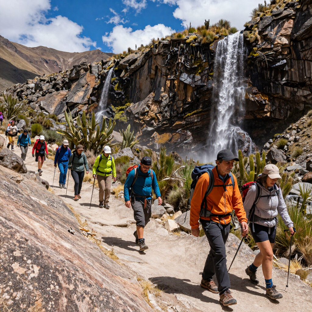 Senderistas caminan por un sendero rocoso de montaña junto a una cascada bajo un cielo azul.