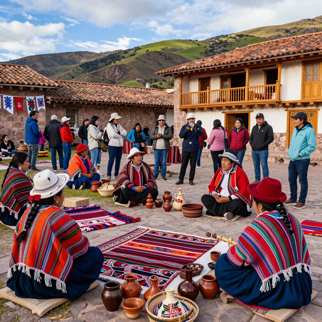 Personas vestidas con trajes tradicionales exhiben textiles y cerámica en la plaza de un pueblo, con las montañas al fondo.