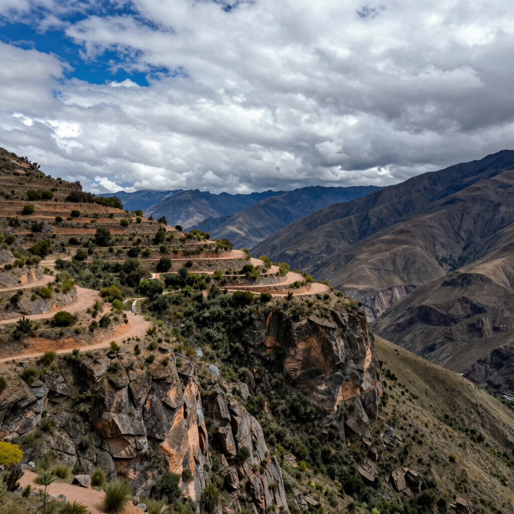 Ladera montañosa aterrazada con sinuosos senderos de tierra bajo un cielo nublado.