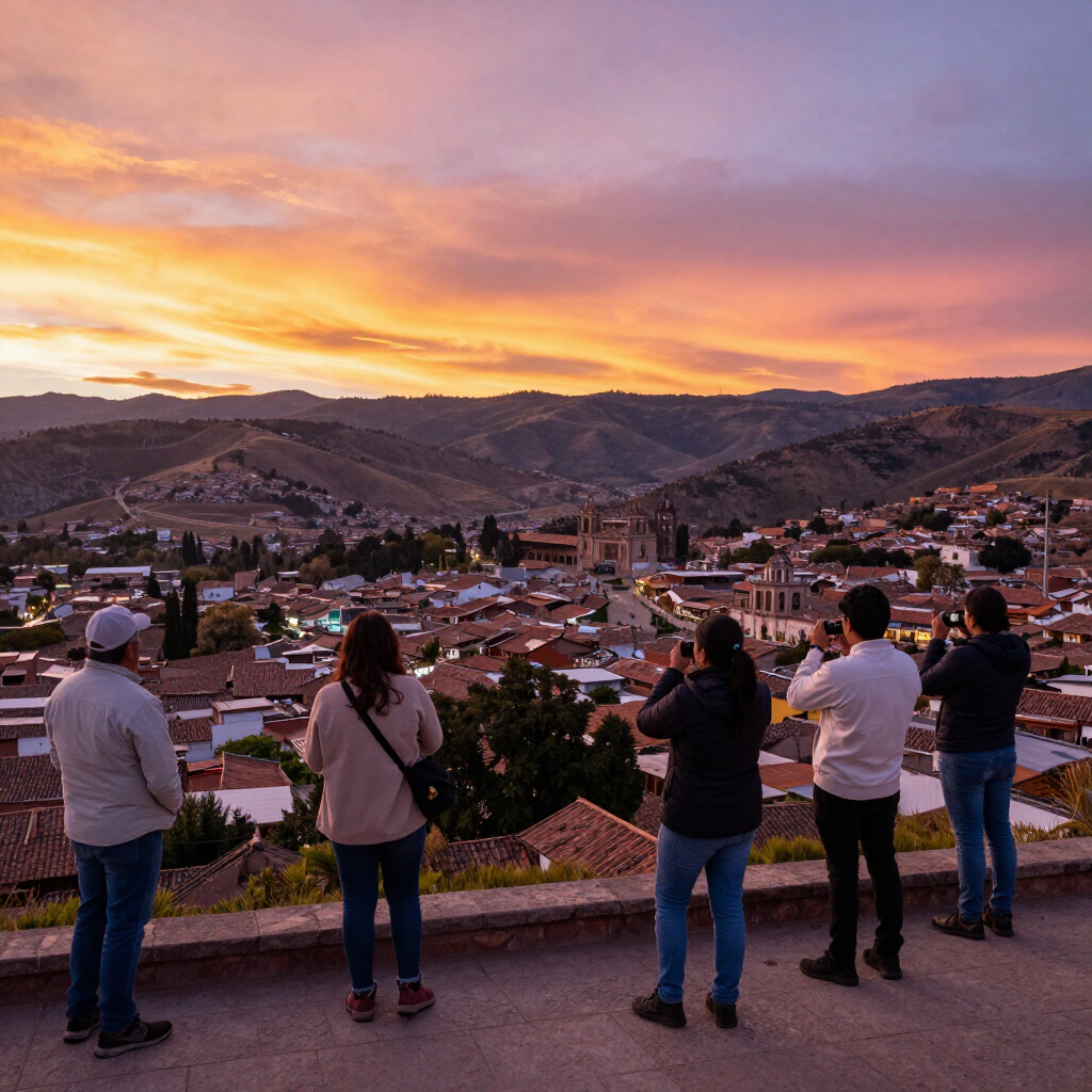 Cinco personas contemplan un pueblo en la ladera de una colina al atardecer