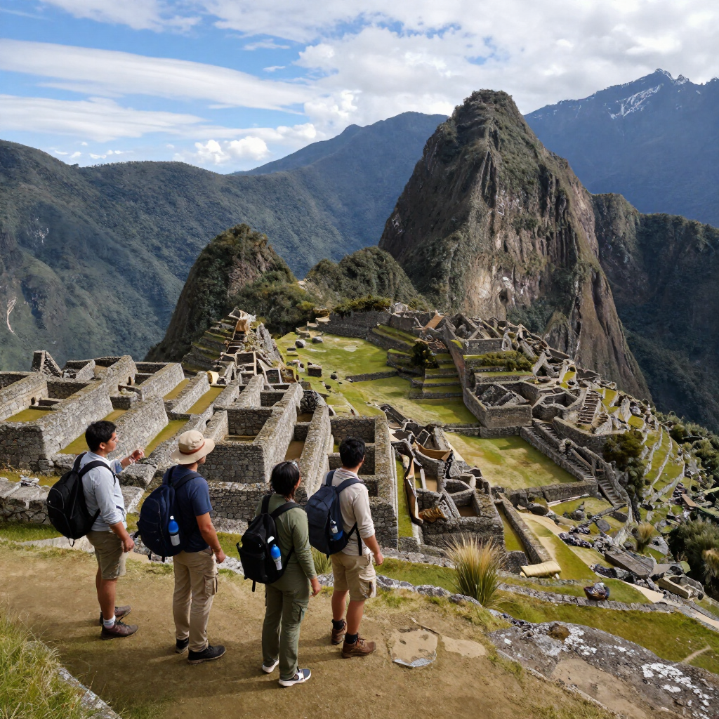 Excursionistas contemplando las ruinas de Machu Picchu bajo escarpadas montañas verdes y un cielo nublado.