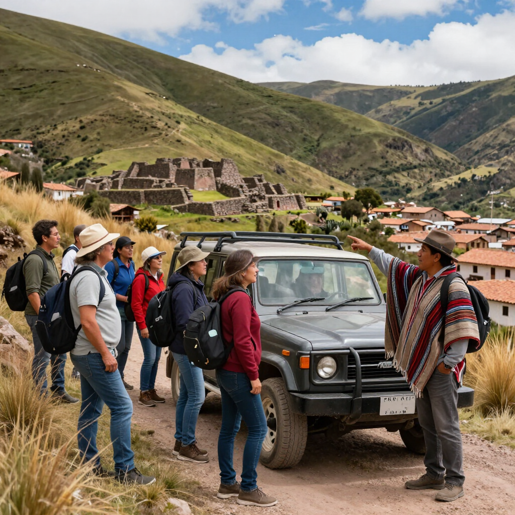 Grupo turístico en un pueblo rural andino junto a un vehículo todoterreno, con verdes colinas y ruinas de piedra detrás.