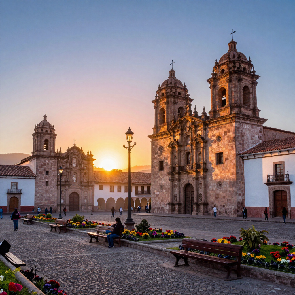 Puesta de sol sobre una histórica plaza de piedra con torres de catedral, bancos y parterres de flores.