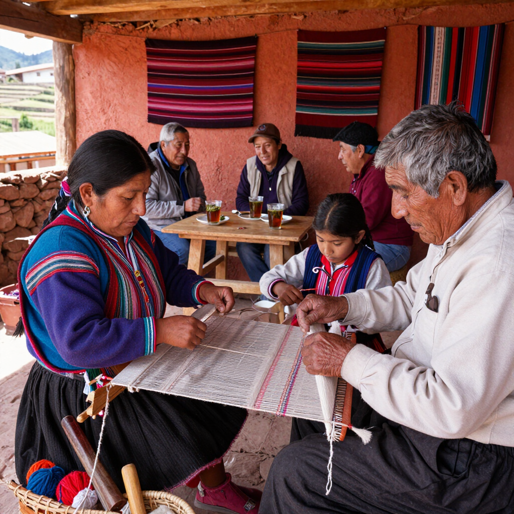 Personas tejiendo textiles en una mesa de madera en una habitación colorida y rústica.