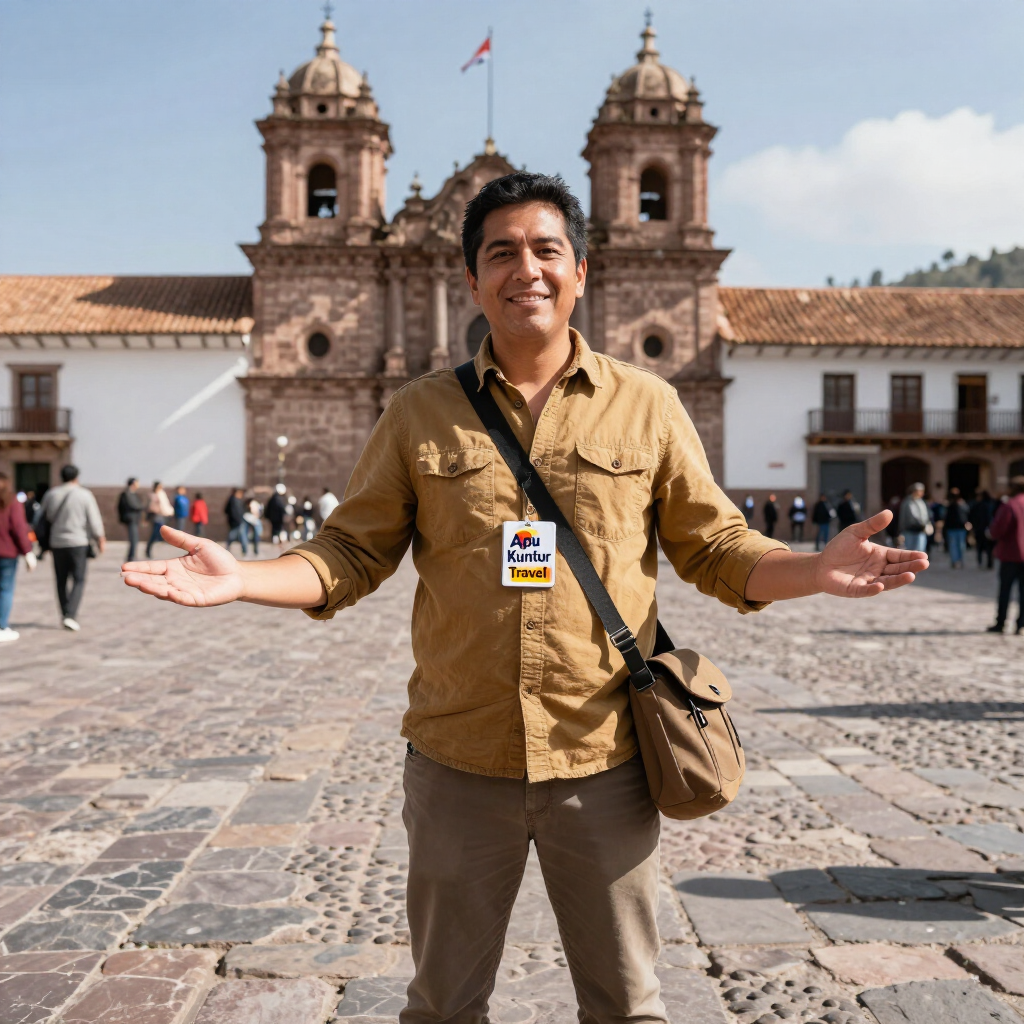 Una persona sonríe con los brazos abiertos en una plaza soleada, de pie frente a una iglesia histórica con dos torres.