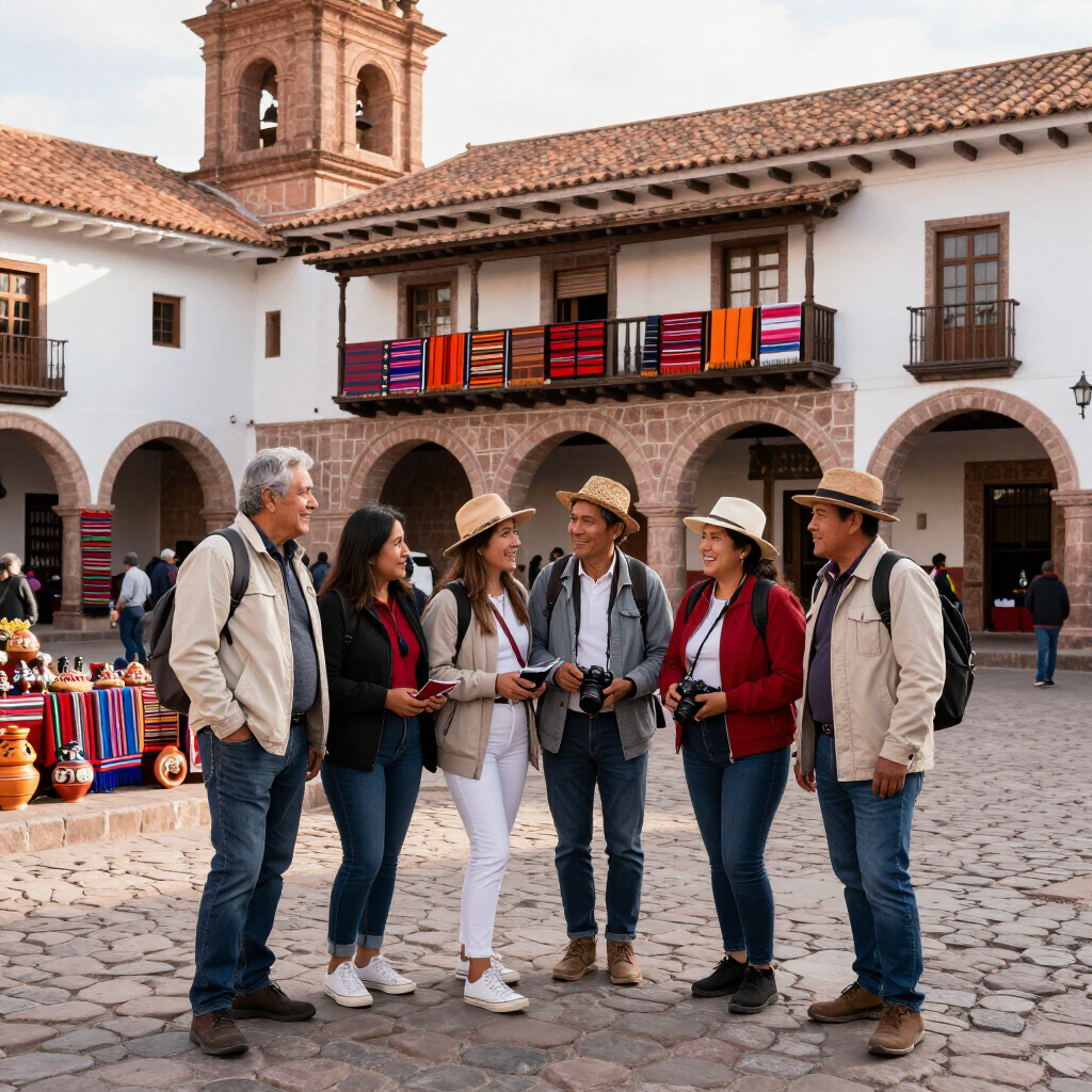 Turistas charlando en una plaza soleada con un edificio de estilo colonial y coloridos puestos de mercado al fondo.