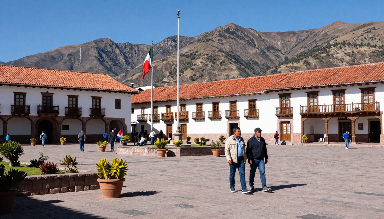 Plaza colonial con edificios blancos, tejados de tejas rojas y gente paseando bajo una bandera peruana.