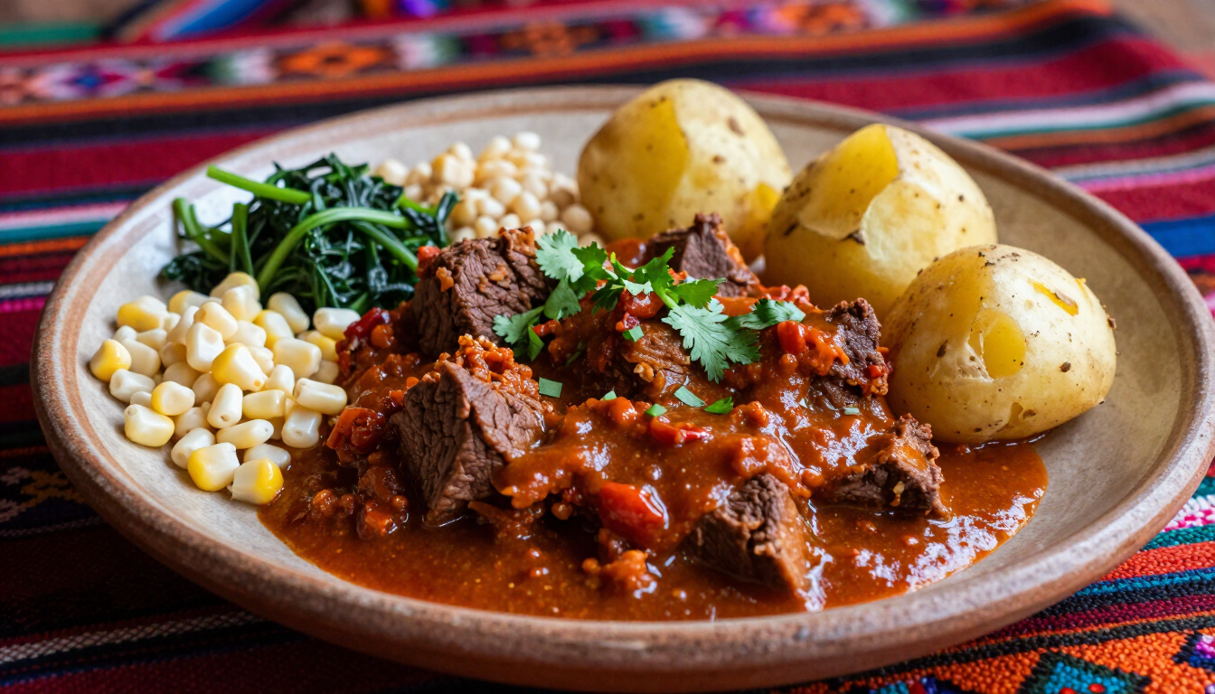 Un plato colorido con estofado de carne, patatas, maíz y verduras sobre un mantel estampado.