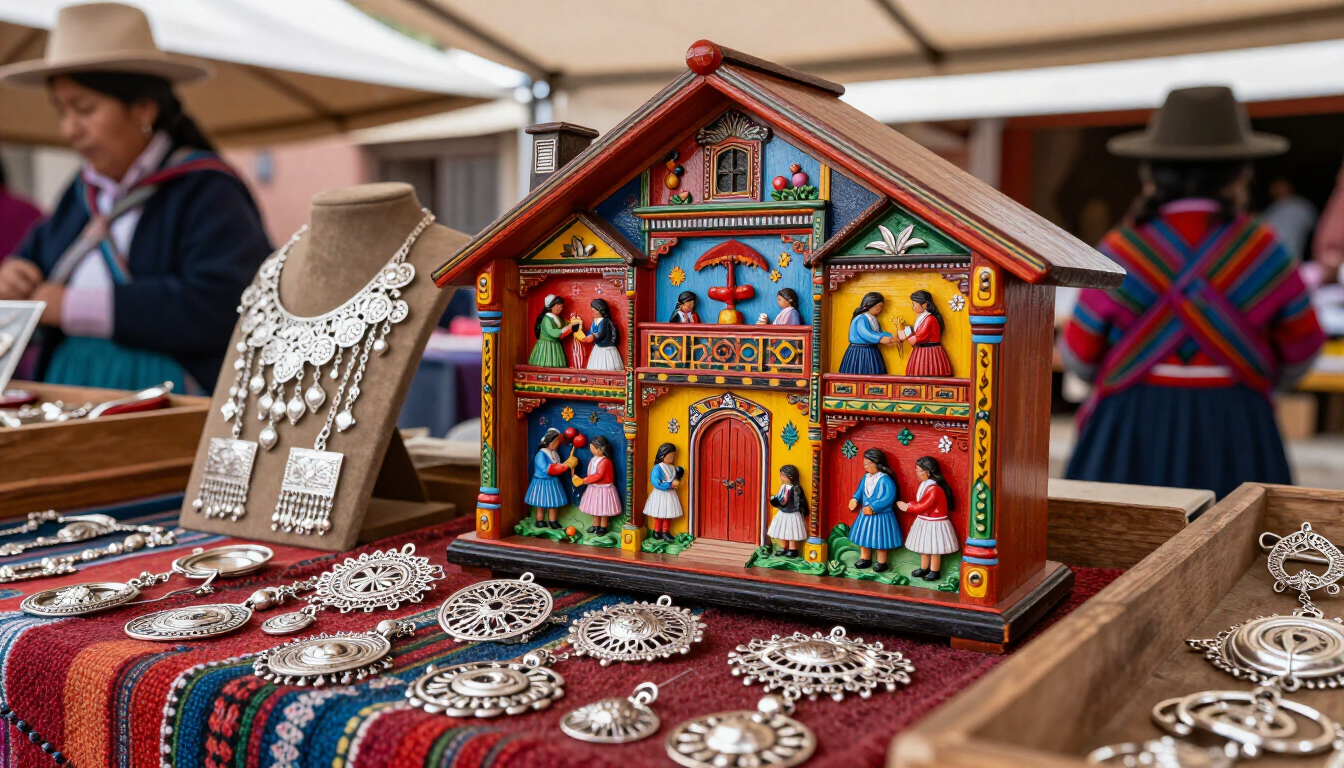 Joyas coloridas hechas a mano y una casa folclórica de madera pintada en un puesto del mercado.