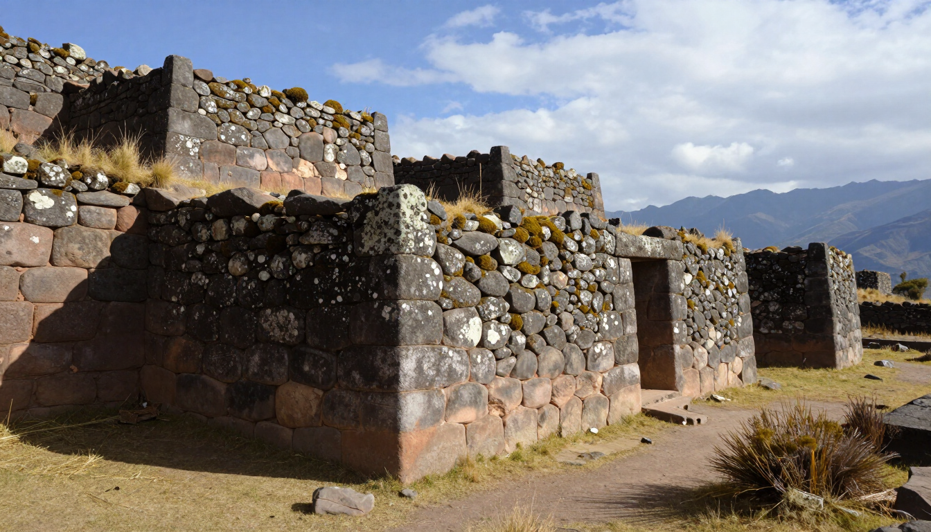 Ruinas de piedra con muros bajos y puertas bajo un cielo azul en un paisaje montañoso.