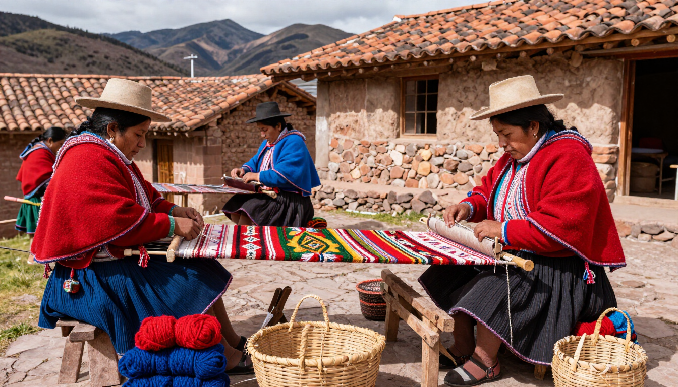 Gente tejiendo coloridos textiles en el patio de un pueblo con las montañas al fondo.