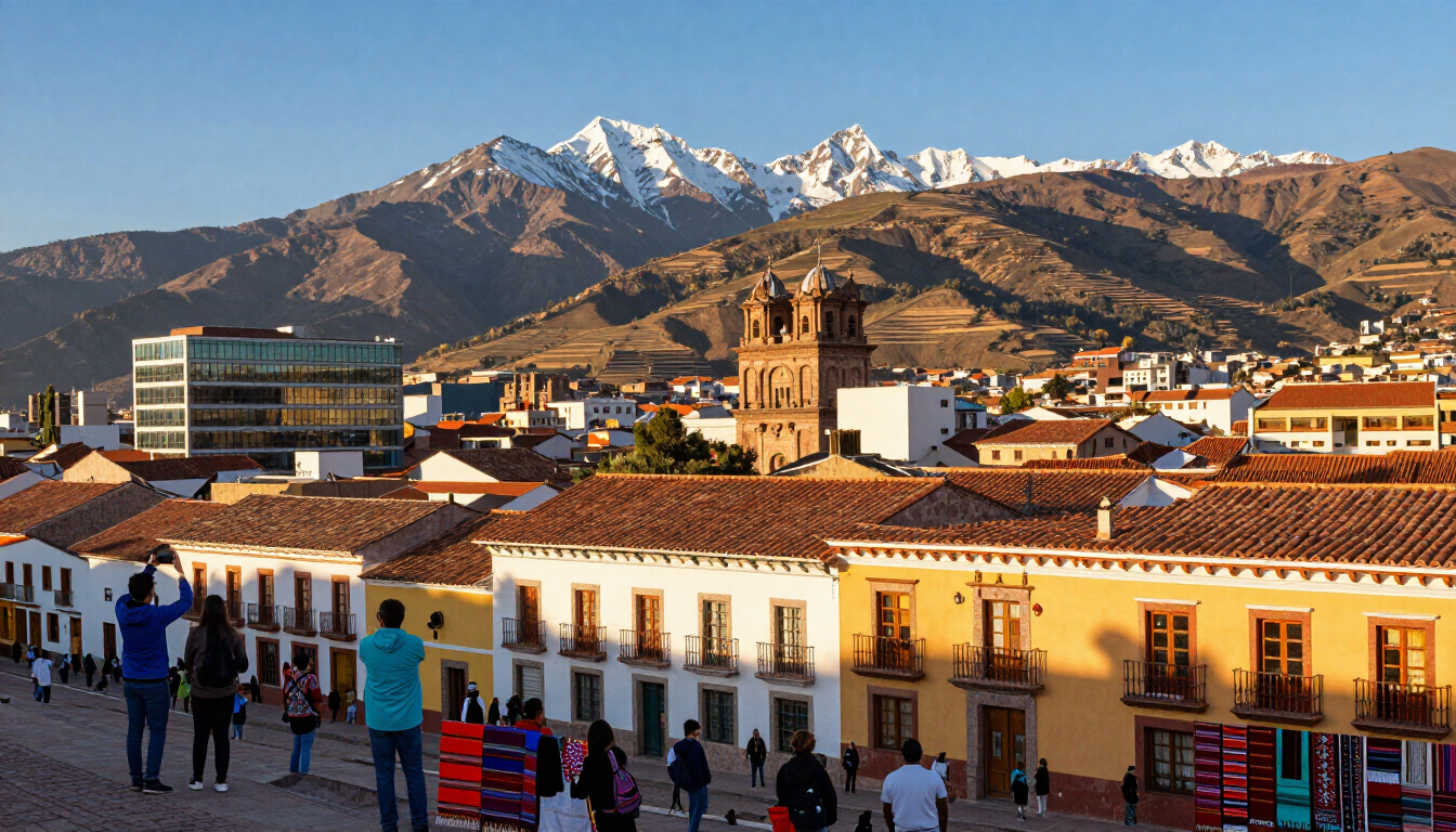 Plaza histórica con campanario, edificios coloridos y montañas nevadas bajo un cielo despejado.