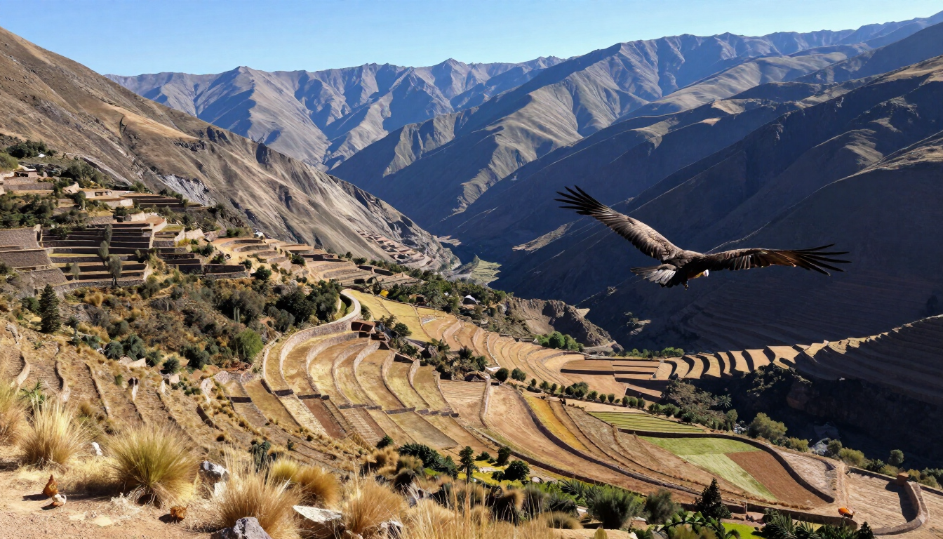 Un pájaro planea sobre campos de montaña en terrazas y un profundo valle bajo un cielo azul claro.