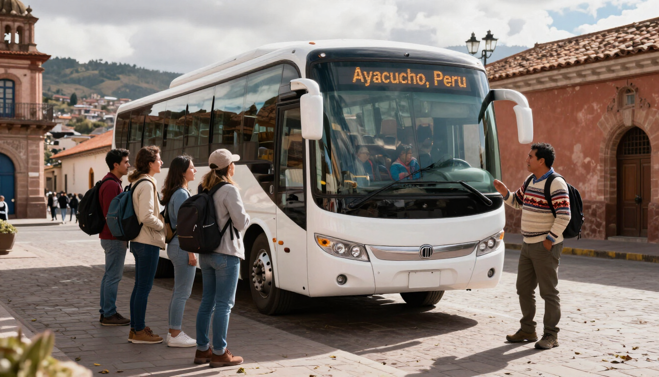 Un autobús turístico blanco se detuvo en una calle empedrada 