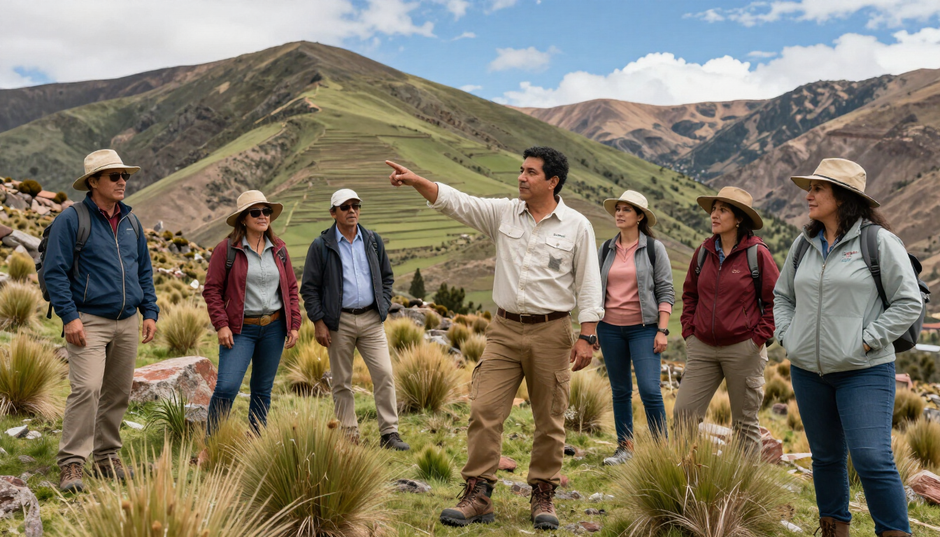 Un grupo de excursionistas escucha a un guía en una pradera de montaña con escarpados picos a sus espaldas.