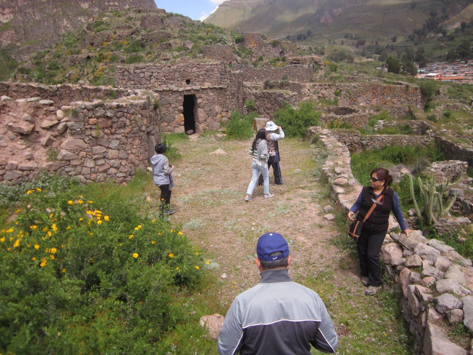 Gente caminando por un yacimiento de ruinas de piedra con montañas al fondo.