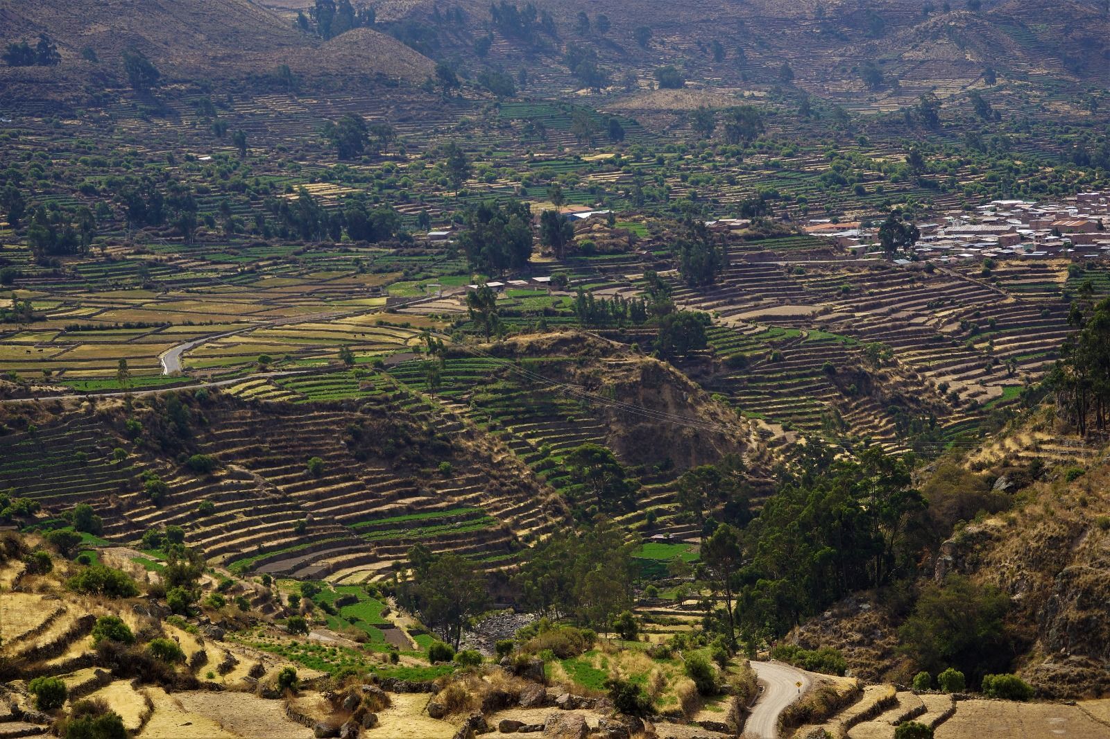 Colinas verdes aterrazadas y un pueblo en el valle bajo un paisaje rocoso de montaña.