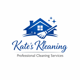 Logo for Kate's Kleaning: a blue house icon with a broom, sparkles, and the text "Kate's Kleaning Professional Services."