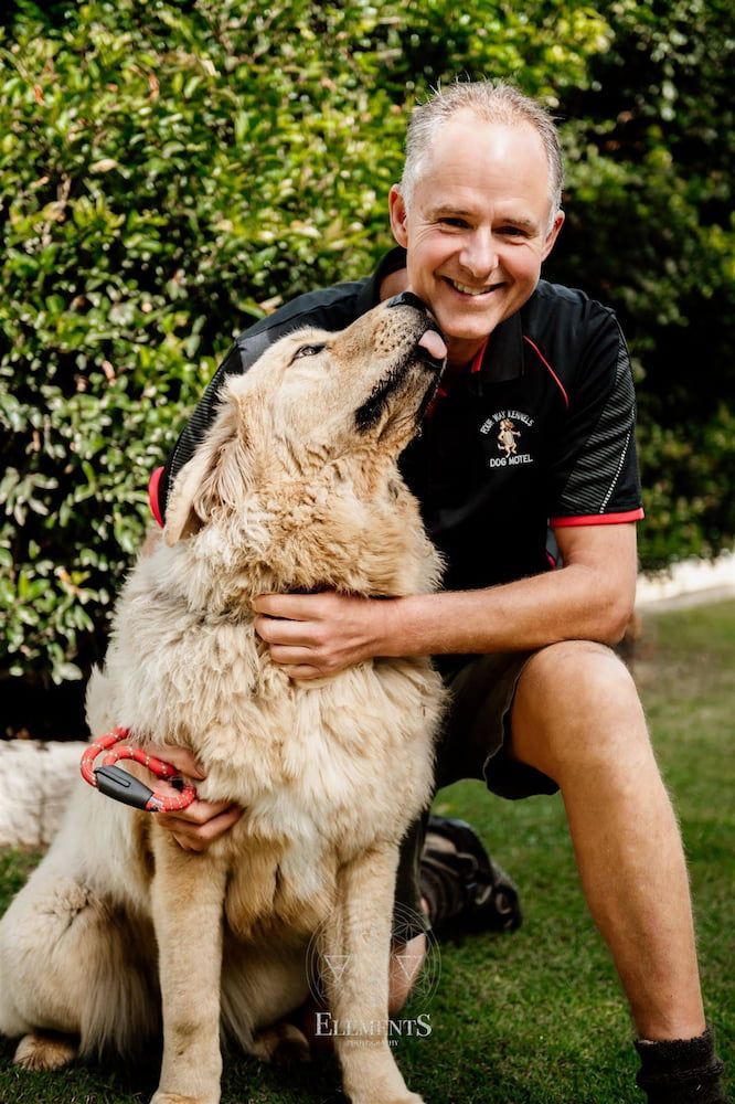Man Kneeling on Grass, Hugging Large Fluffy Dog With Tongue Out — 4 Way Kennels & Canine Wellness Centre in Kinkuna, QLD