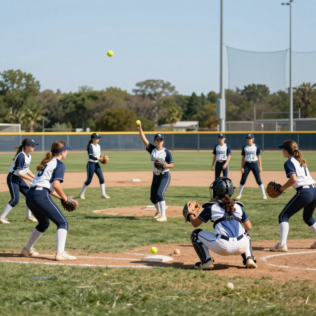 Softball game in progress on a sunny field, with players poised around home plate as the ball is in the air.