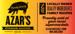 Azar’s Premium Sausage ad in black and gold, promoting locally owned quality ingredients and family recipes.