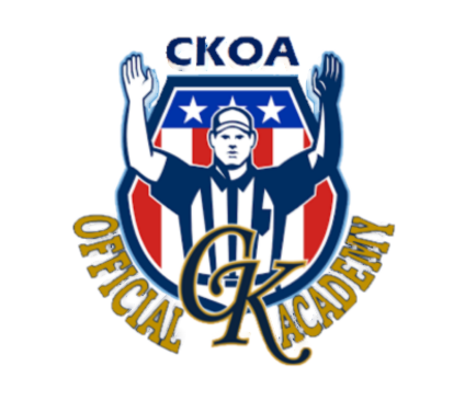 CKOA Official Academy logo with a baseball umpire in red, white and blue, arms raised over gold lettering