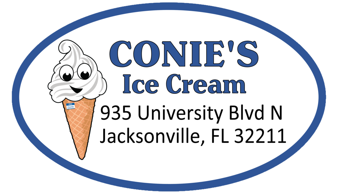 Conie's Ice Cream logo with cone mascot, blue oval border, and Jacksonville, FL address