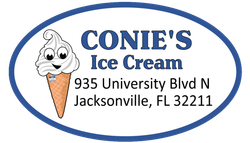 Conie’s Ice Cream logo with ice cream cone mascot and Jacksonville, FL address inside a blue oval