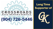 Crossroads Auto Repair Service logo with phone number 904-726-5446 and “Long Time Supporter of GK” badge