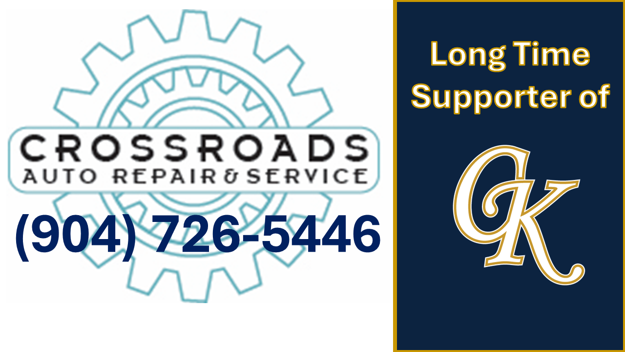 Crossroads Auto Repair Service logo with phone number 904-726-5446 and “Long Time Supporter of GK” badge
