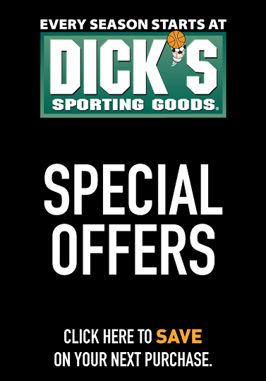 Dick’s Sporting Goods special offers ad on a black background with white and green text.