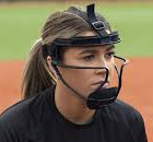 Athlete wearing a black helmet and face guard, looking to the side on a field