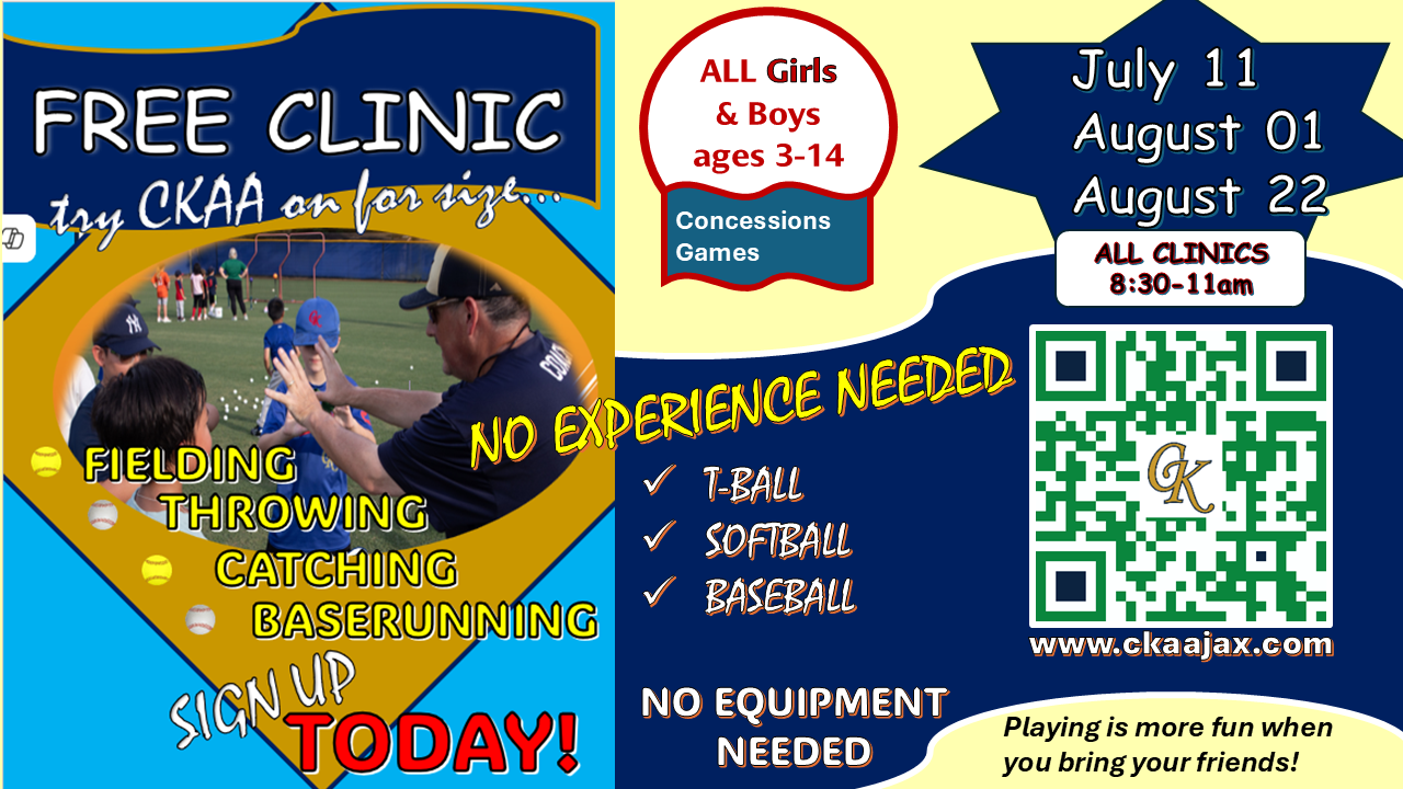 Youth sports free clinic flyer with soccer, baseball, and softball, July 11–August 22