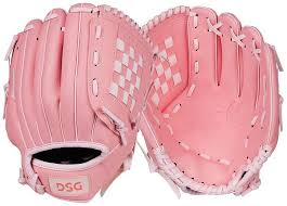 Pink baseball glove shown front and back, with white stitching and checkered detail on the thumb.