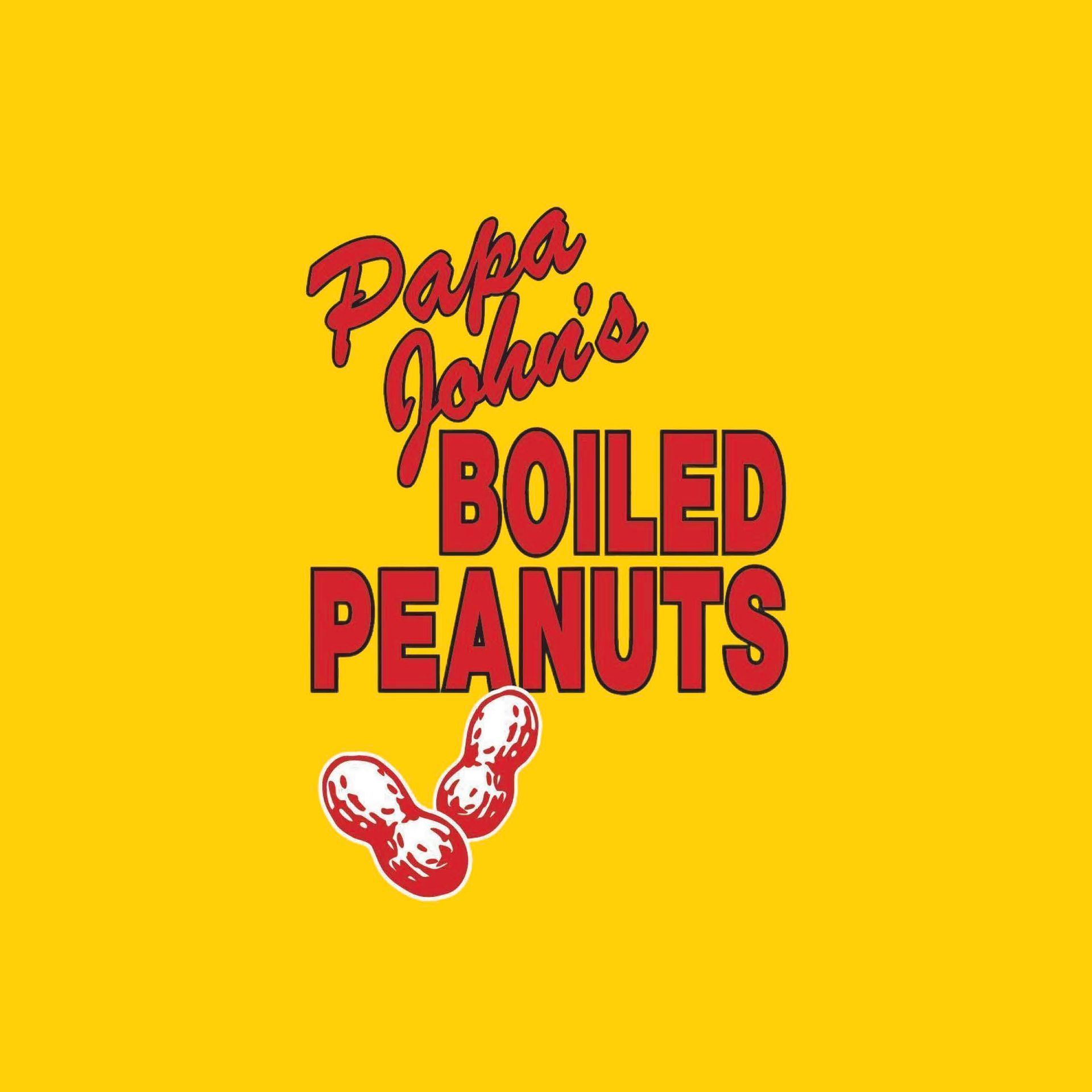Papa John’s boiled peanuts logo on a bright yellow background.