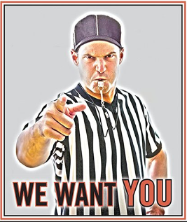 Referee pointing forward with whistle, with bold text “WE WANT YOU” underneath.