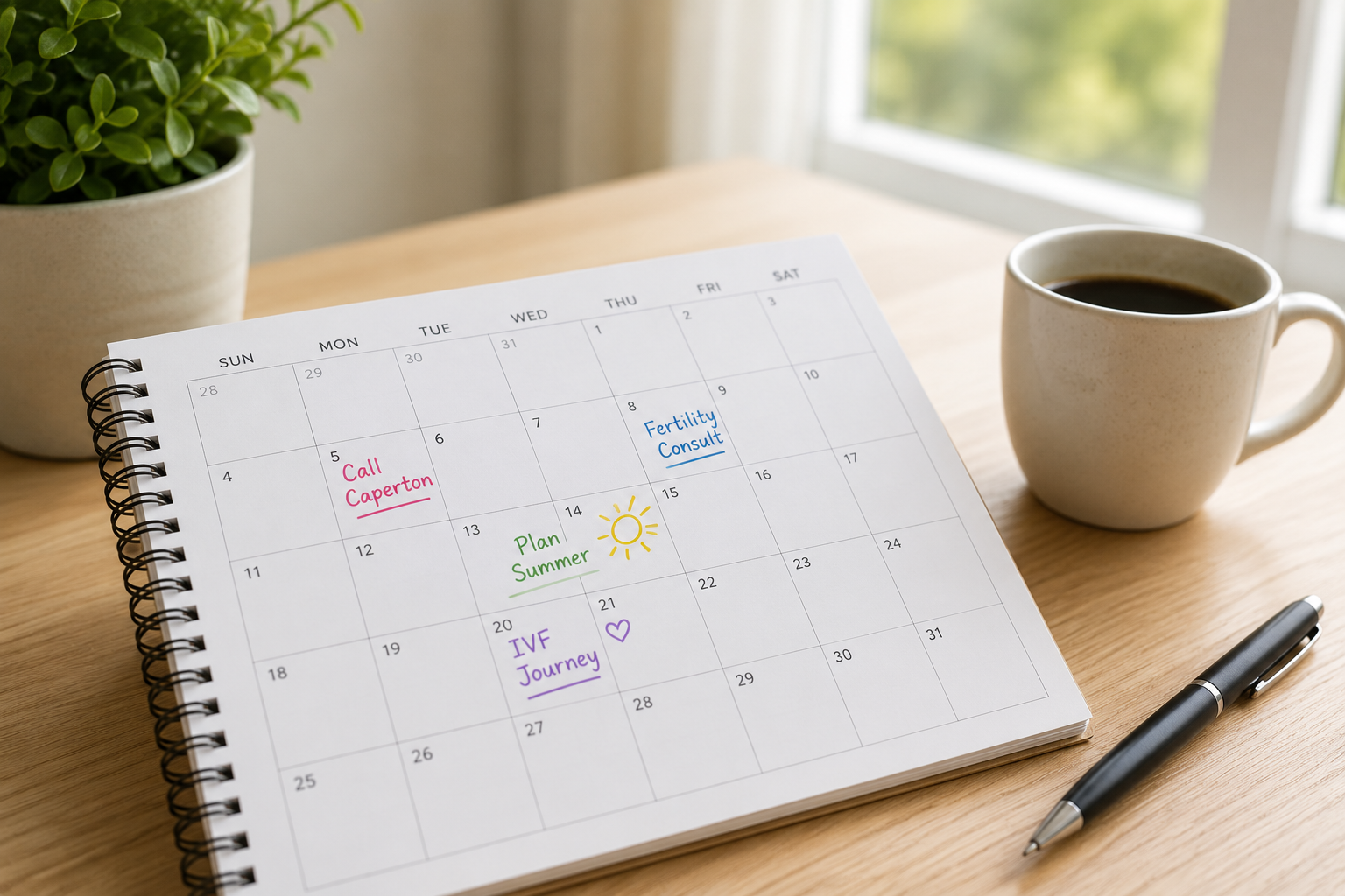Calendar showing fertility consultation and IVF planning during the summer on a home office desk