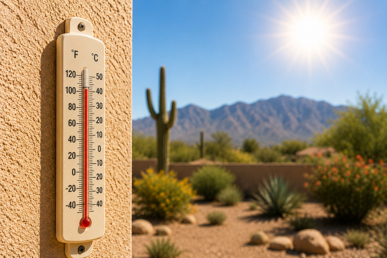 Outdoor thermometer reading nearly 100°F on a hot summer day with desert mountains in the background