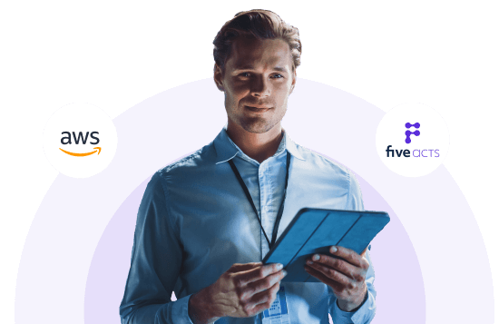 AWS e Five Acts Parceria Homem com tablet e ícones de parceria da Five Acts