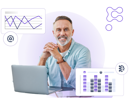 Homem Sênior Sorrindo ao lado de dados e gráficos -Machine Learning Homem Sênior sorrindo ao lado de dados e gráficos