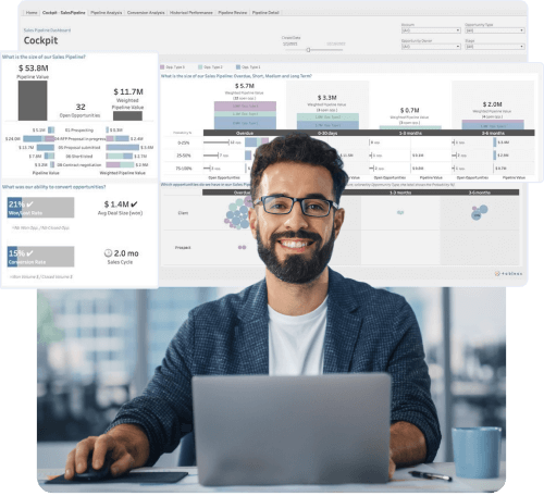 Homem latino de barba sorrindo visualizando dados e gráficos - Data Visualization Homem latino de barba sorrindo visualizando painel de dados e gráficos